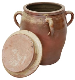 LARGE FRENCH PROVINCIAL STONEWARE CONFIT POT & COVER, 22.5"H