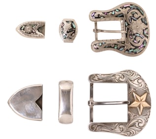 (2) WESTERN RANGER BUCKLE SETS, VOGT STERLING & MEXICO SHELL-INLAID SILVER