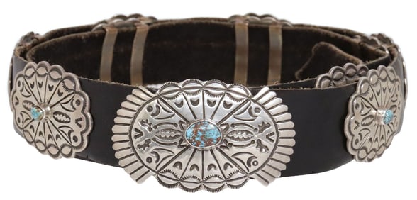 TIM GUERRO NAVAJO STERLING SILVER & TURQUOISE CONCHO BELT