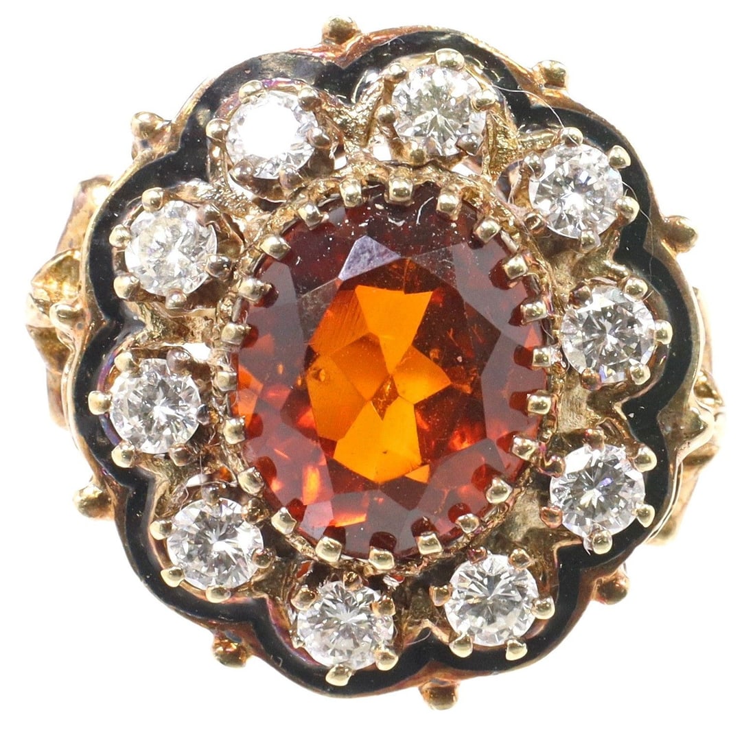 ESTATE 14KT YELLOW GOLD, ENAMEL, DIAMOND & SYNTHETIC GARNET RING (1 of 4)