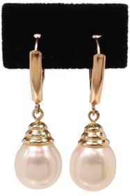 ESTATE FIC 14KT YELLOW GOLD & NATURAL CULTURED PEARL DROP EARRINGS