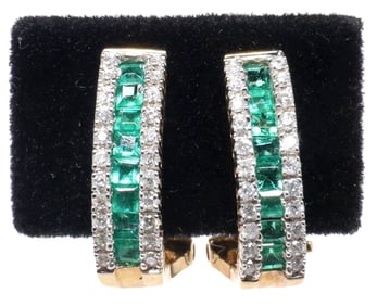 (PR) ESTATE 14KT YELLOW GOLD, EMERALD & DIAMOND J-HOOP EARRINGS