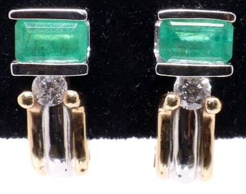 (PR) ESTATE 14KT TWO-TONE EMERALD & DIAMOND STUD EARRINGS