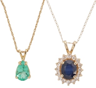 (2) ESTATE 14KT YG PENDANT NECKLACES, EMERALD & SAPPHIRE & DIAMOND