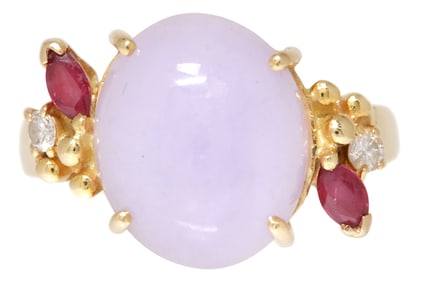 ESTATE 18KT YELLOW GOLD LAVENDER JADE & DIAMOND RING