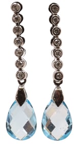 (PR) ESTATE 14KT WHITE GOLD, BRIOLETTE CUT BLUE TOPAZ & DIAMOND EARRINGS