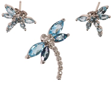 (2) 10KT WHITE GOLD, BLUE TOPAZ & DIAMOND DRAGON FLY JEWELRY SUITE