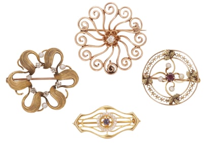(4) ESTATE 12KT & 10KT YELLOW GOLD BROOCHES