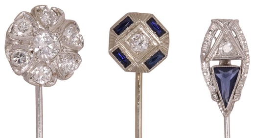 (3) ESTATE 18KT & 14KT WHITE GOLD & DIAMOND STICK PINS