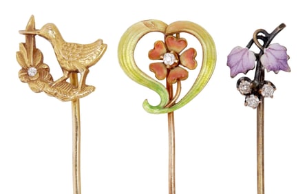 (3) ESTATE 18KT & 14KT YELLOW GOLD & DIAMOND STICK PINS