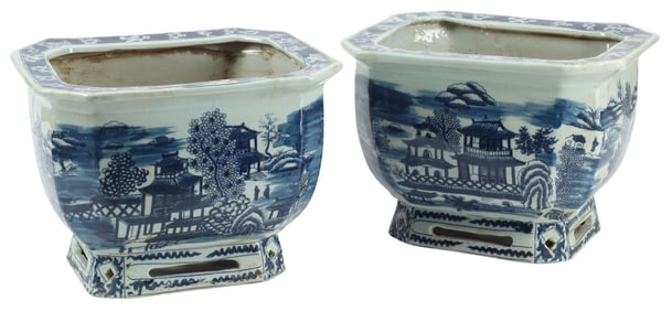 (2) CHINESE BLUE & WHITE PORCELAIN OCTAGONAL PLANTERS