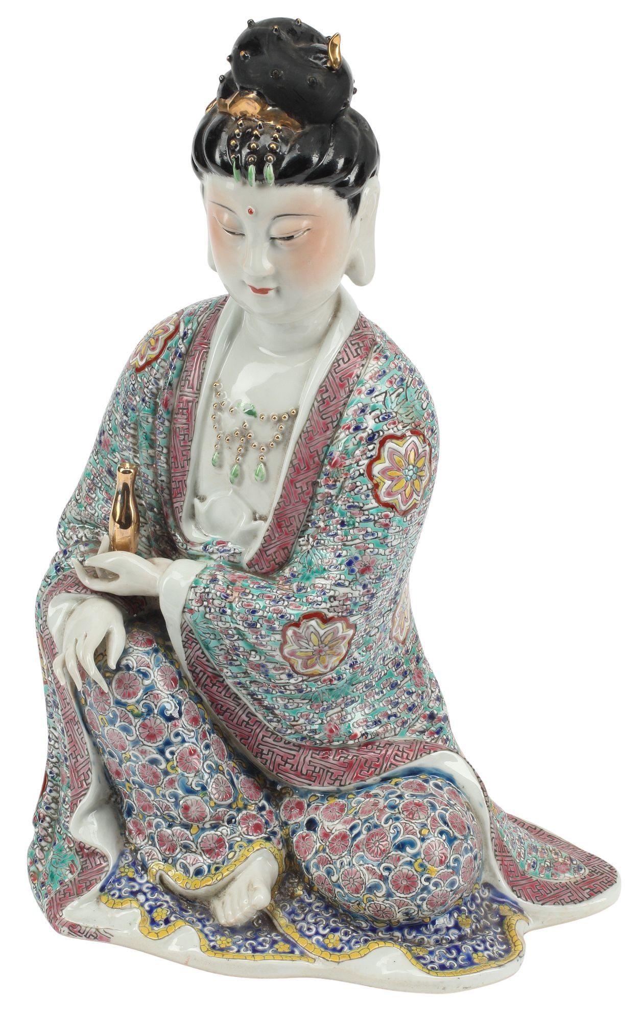 CHINESE FAMILLE ROSE FIGURE OF SEATED GUANYIN: Chinese famille rose porcelain figure of seated Guanyin, her robes decorated in polychrome enamels, depicted holding a small gilt bottle, impressed seal mark at underside of base, approx 13"