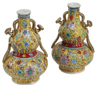 (2) CHINESE FAMILLE ROSE YELLOW GROUND DOUBLE-GOURD VASES