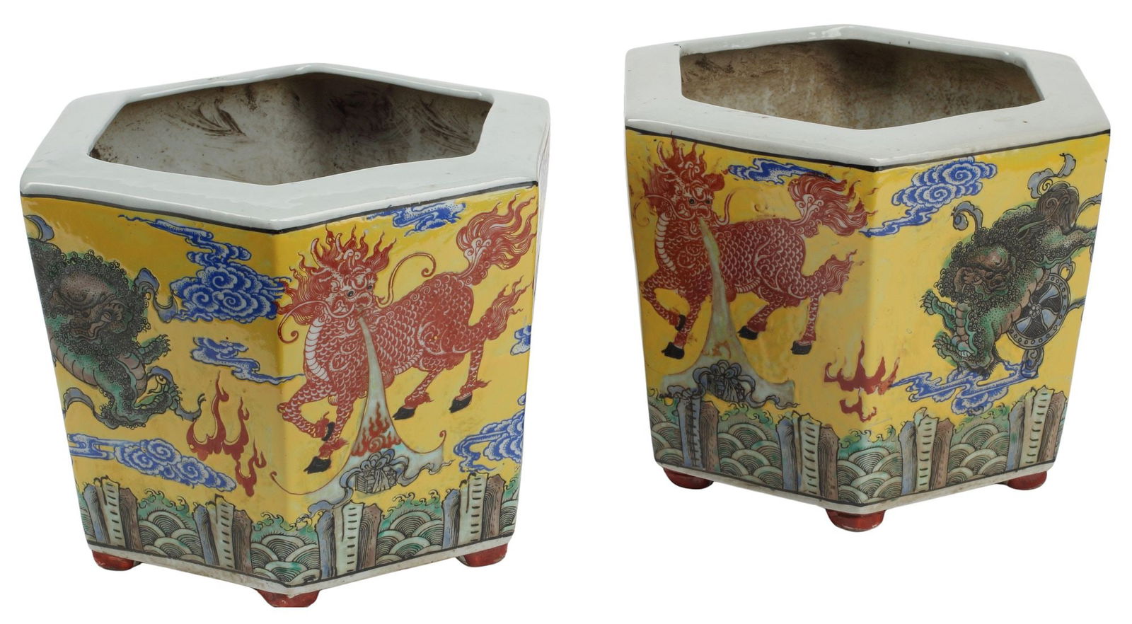 (2) CHINESE FAMILLE JAUNE PORCELAIN HEXAGONAL JARDINIERES (1 of 5)