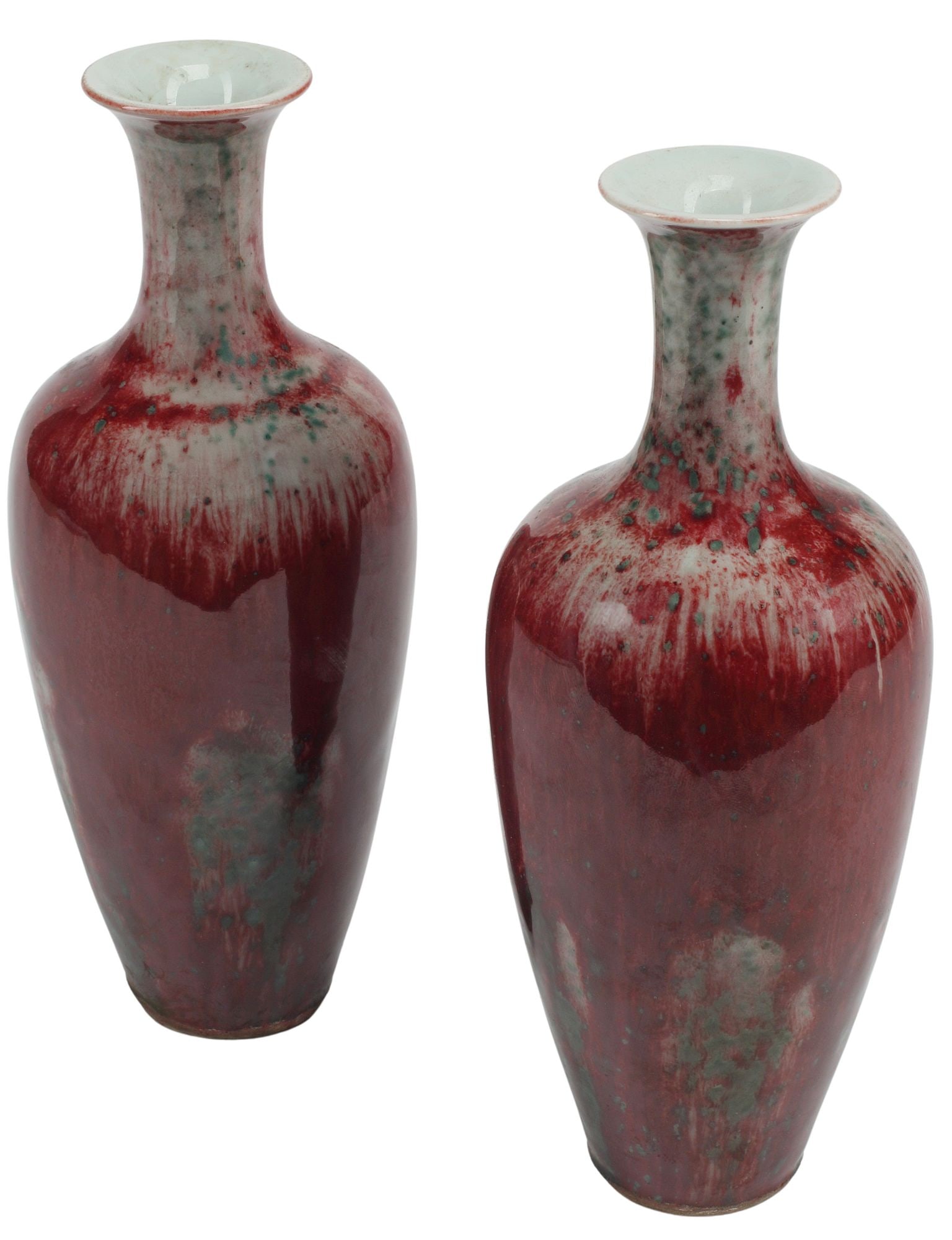 (2) CHINESE PEACHBLOOM-GLAZED FLAMBE PORCELAIN AMPHORA VASES: (pair) Chinese peachbloom-glazed porcelain amphora vases, each in a mottled flambe glaze, honorific Kangxi style six-character mark underfoot, approx 9"h, 3"diam