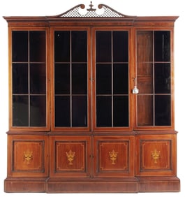 GEORGIAN STYLE INLAID MAHOGANY BREAKFRONT DISPLAY BOOKCASE