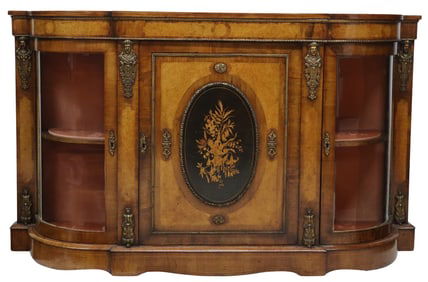 ENGLISH VICTORIAN BURLED WALNUT & MARQUETRY DEMILUNE SIDEBOARD