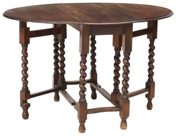 ENGLISH CARVED TIGER OAK DROP-LEAF GATELEG TABLE