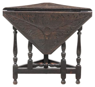 ENGLISH CARVED OAK HANDKERCHIEF DROP-LEAF SIDE TABLE
