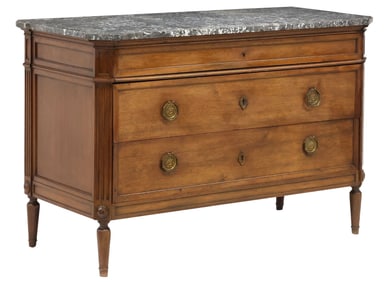LOUIS XVI STYLE MARBLE-TOP MAHOGANY 3-DRAWER COMMODE