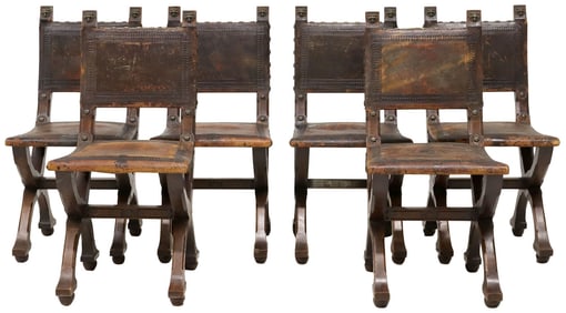 (6) CONTINENTAL RENAISSANCE REVIVAL OAK & LEATHER SIDE CHAIRS