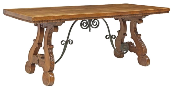 SPANISH BAROQUE STYLE PARQUET-TOP OAK DINING TABLE