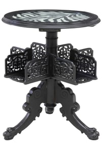 CHINOISERIE GLASS-TOP CARVED & EBONIZED ROTATING LIBARY STAND