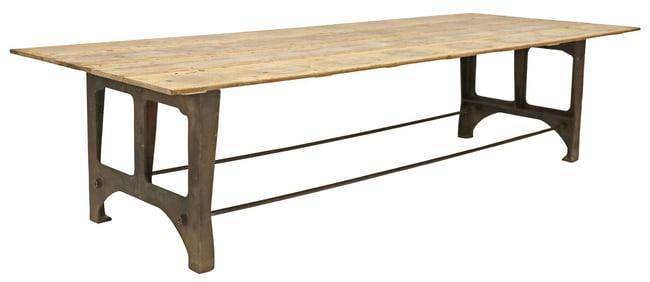 LARGE INDUSTRIAL PINE & CAST IRON DINING TABLE, 130"L