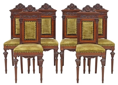 (6) ITALIAN RENAISSANCE REVIVAL UPHOLSTERED WALNUT CHAIRS