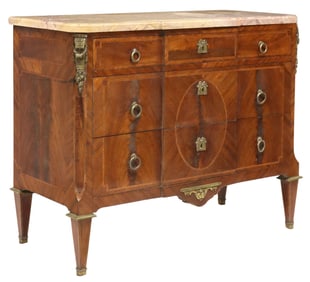 FRENCH NEOCLASSICAL MARBLE-TOP INLAID BREAKFRONT COMMODE