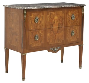FRENCH NEOCLASSICAL MARBLE-TOP INLAID MAHOGANY & BURLWOOD COMMODE