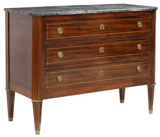 FRENCH NEOCLASSICAL MARBLE-TOP BRASS-INLAID MAHOGANY COMMODE