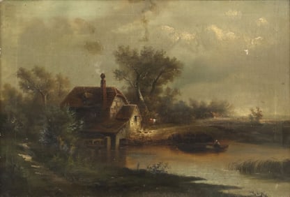 FRENCH SCHOOL (19TH C.) PAINTING LANDSCAPE WITH COTTAGE & WATER WHEEL