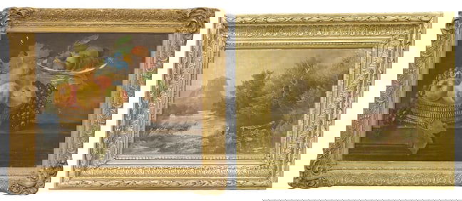 (2) FRENCH SCHOOL OIL PAINTINGS, FLORAL STILL LIFE & COASTAL LANDSCAPE