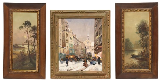 (3) FRENCH SCHOOL PAINTINGS, COASTAL LANDSCAPES & IMPRESSIONIST CITYSCAPE