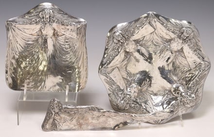 (3) JAMES W. TUFTS ART NOUVEAU SILVERPLATE CRUMBER & TRAY