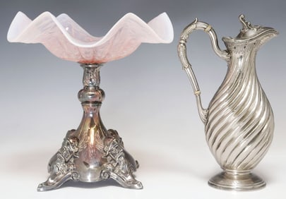 (2) JAMES DIXON SILVERPLATE CLARET JUG & OPALESCENT? GLASS BRIDE'S BASKET