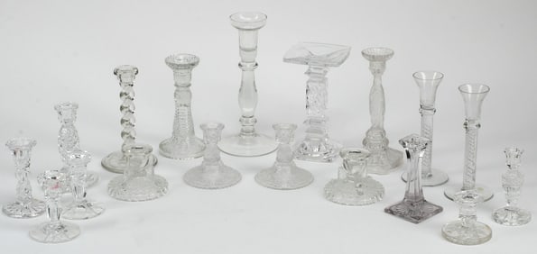(18) COLORLESS PRESSED GLASS CANDLESTICKS