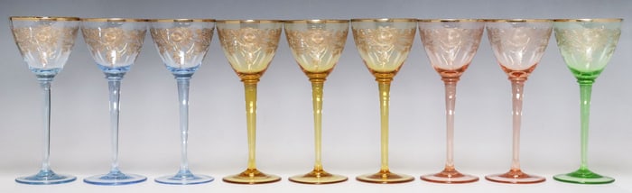 (9) AMERICAN PARCEL-GILT ETCHED COLORED GLASS GOBLETS