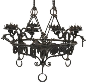 MANNER OF ANTONIO GAUDI WROUGHT IRON 9-LT CANDLE CHANDELIER