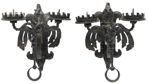 (2) AFTER ANTONI GAUDI (D.1926) WROUGHT IRON DRAGON CANDLE SCONCES