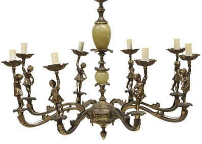 CONTINENTAL FIGURAL GILT METAL & ONYX 8-LT CHANDELIER