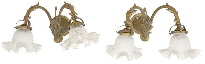 (2) ITALIAN PATINATED METAL & GLASS 2-LIGHT SCROLLED WALL SCONCES