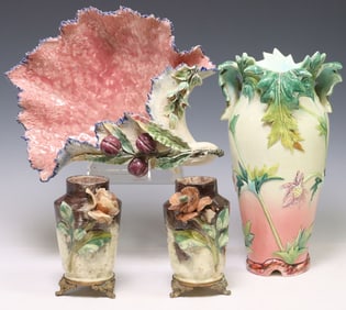 (4) FRENCH BARBOTINE MAJOLICA VASES & CENTERPIECE DISH