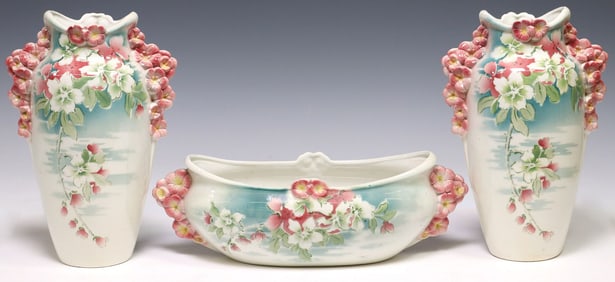 (3) FRENCH ART NOUVEAU KELLER & GUERIN FAIENCE MANTEL GARNITURE SET