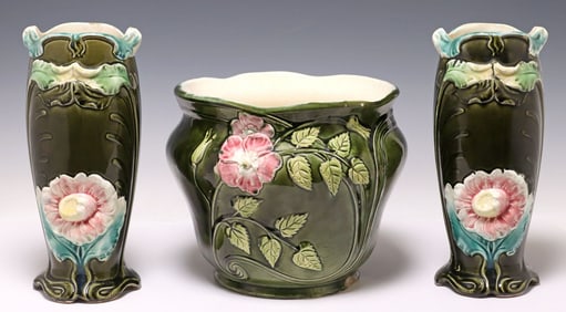 (3) FRENCH ST. AMAND ART NOUVEAU FAIENCE MANTEL GARNITURE SET