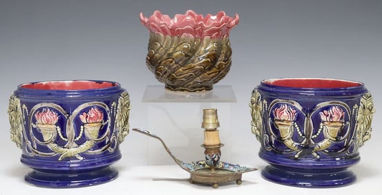 (4) FRENCH MAJOLICA CACHE POTS, JARDINIERE, & CHAMPLEVE CANDLESTICK