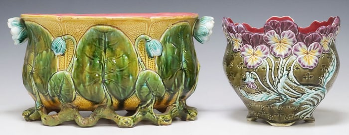 (2) FRENCH ONNAING & OTHER MAJOLICA FLORAL JARDINIERES / PLANTERS