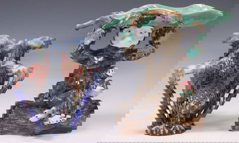 (2) MAJOLICA TRIPLE EAGLE 'CENTENNIAL' STYLE VASE & MONKEY COMPOTE