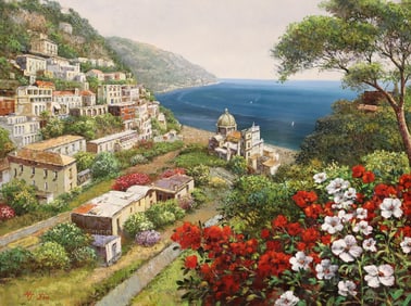 HJ JOU (KOREA, B.1951) OIL PAINTING, COASTAL ITALIAN LANDSCAPE, 36" X 48"